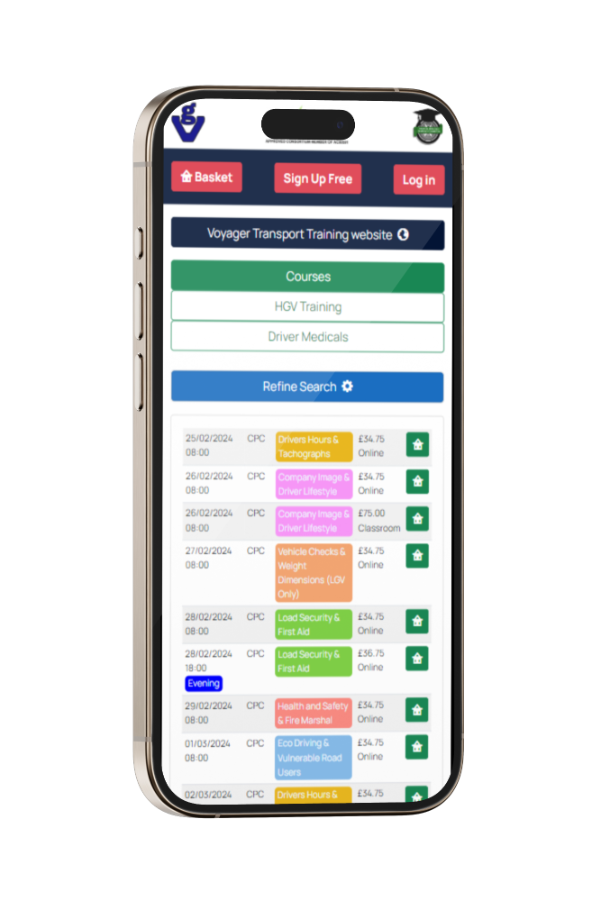 Voyager Transport Training booking portal on a mobile phone